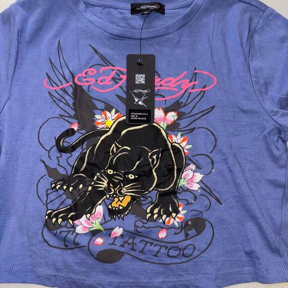 Ed Hardy Swallow 2fer Midnight Long Sleeve Crop T-Shirt Medium Y2K 2000s ERA New - Picture 4 of 5